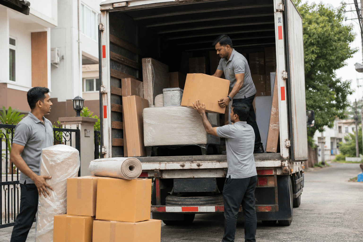 Movers loading furniture and boxes into a moving truck